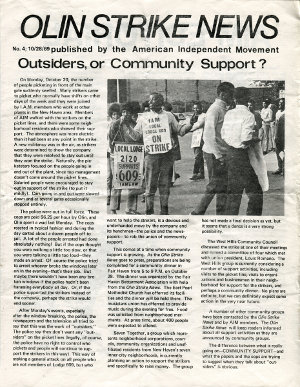 Olin Strike News, Number 4, October 26, 1969, published by the American Independent Movement