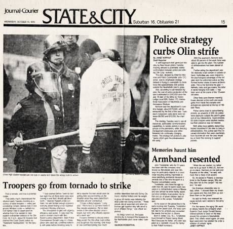 Newspaper: Journal-Courier October 10, 1979 (headline: Police strategy curbs Olin strife)