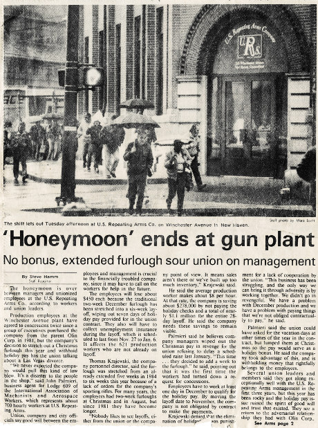 Newspaper: (headline) Honeymoon ends at gun plant