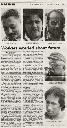 New Haven Register- June 4, 1985- Headline: Workers worried about future